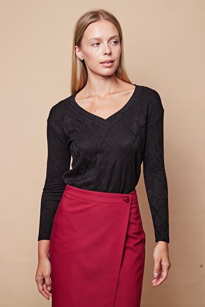 Jument V-Neck Slit Detailed Patterned Knitwear Women's Blouse - Off Shoulder, Long Sleeve, Black