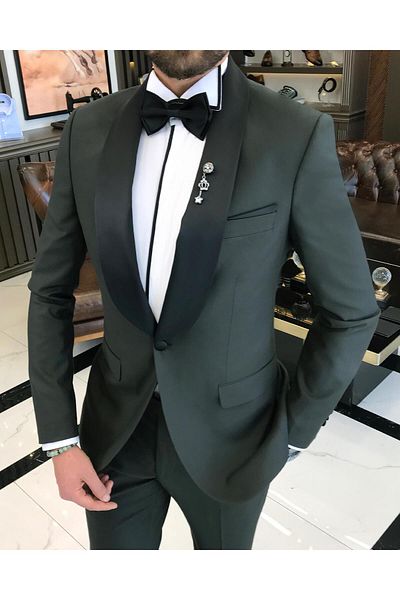 TerziAdemAltun Italian Cut Slim Fit Shawl Collar Jacket Pants Groom Suit Set Green T9181