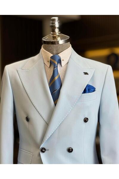 TerziAdemAltun Set de jachetă și pantaloni în stil italian albastru S slim fit K cu două rânduri de nasturi - T12605