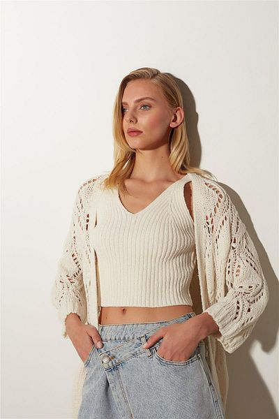SHERIN Ecru Openwork Knitwear Cardigan