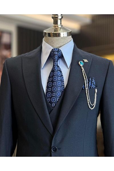 TerziAdemAltun Navy Blue Italian Style Jacket Vest Trousers Set - T12806