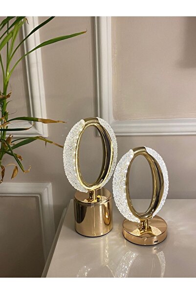 PİNK İTHALAT Dekoratif Kristal Şarjlı Oval Masa Lambası, Gold Led Abajur Ikil...