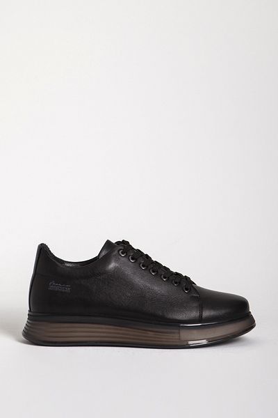 MARCOMEN Men's Sneaker - Genuine Leather, Lace-up, Thick Sole, 15275 Black Skin