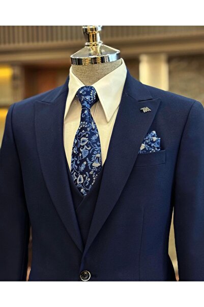 TerziAdemAltun Navy Blue Italian Style Jacket Vest Trousers Set - T12021