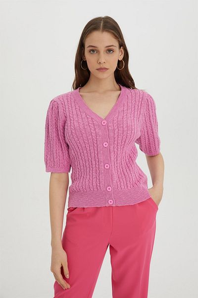 SHERIN Pink Hair Braided Buttoned Knitwear Cardigan