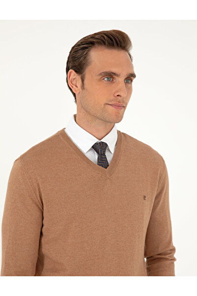 Pierre Cardin Camel Melanj Slim Fit V Yaka Basic Triko Kazak 50296622-VR122
