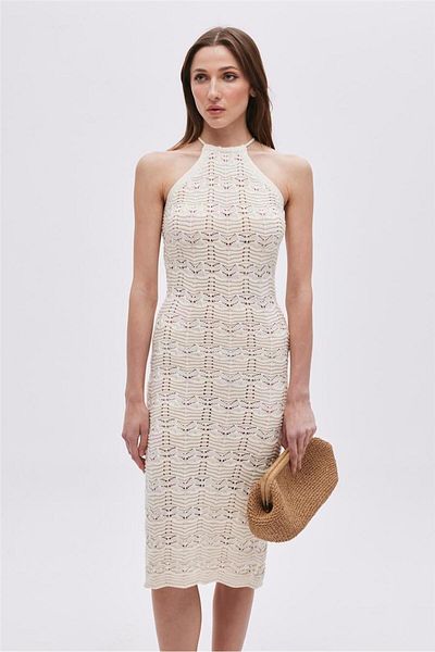 SHERIN Ecru Halter Neck Midi Knitwear Dress