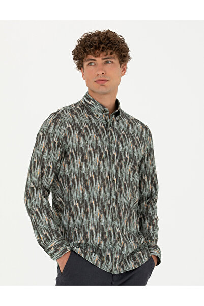 Pierre Cardin قميص كاكي بقصة ضيقة وأكمام طويلة 50275924-VR027