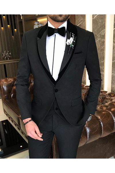 TerziAdemAltun Italian Cut Jacket Vest Pants Groom Suit Set Black T8191