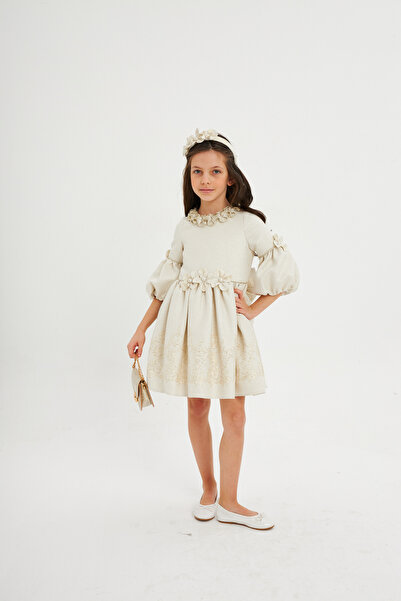 pink girls Özel Tasarım Jakar Kumaş Balon Kollu Yakası Fırfırlı Abiye