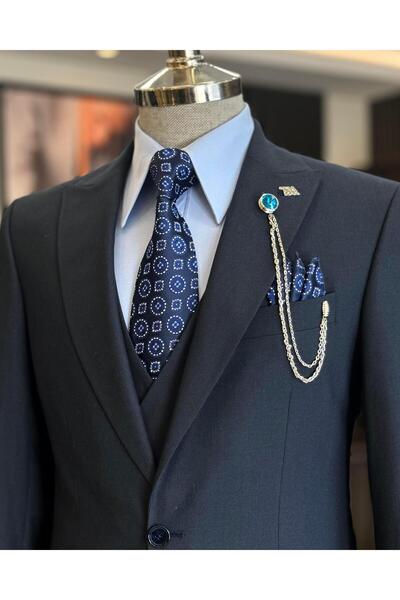 TerziAdemAltun Navy Blue Italian Style Jacket Vest Trousers Set - T12806