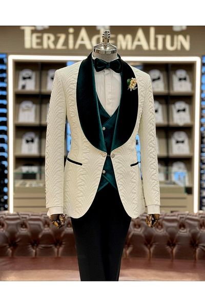 TerziAdemAltun White Italian Cut Groom Suit Set - Jacket, Vest and Trousers T12072