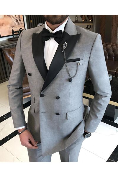 TerziAdemAltun Italian Cut Slim Fit Double Breasted Jacket Trousers Groom Suit Set Gray T9216