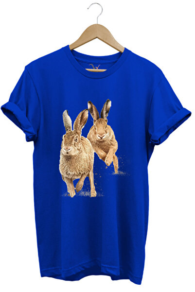 WİDİ Lov na zeca, lovački zec, običan kroj, plava T-shirt Štampano 100% pamuk