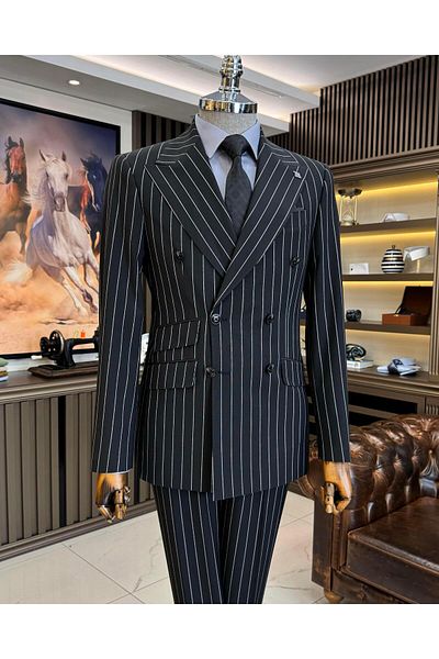 TerziAdemAltun Black Slim Fit Striped Double Breasted Jacket and Trousers Set - T11933