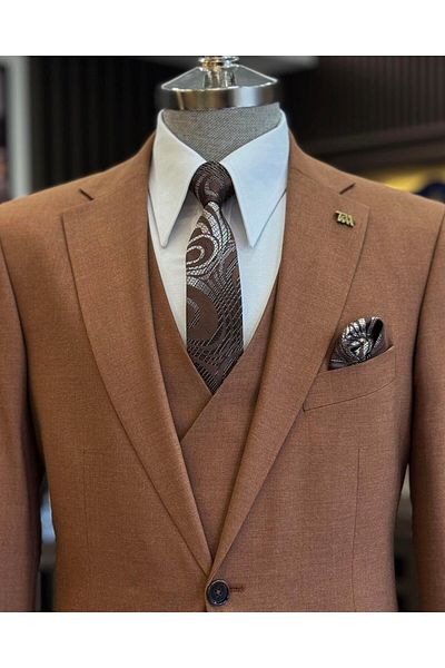 TerziAdemAltun Brick Color Classic Cut Regular Fit Suit - Jacket, Vest and Trousers T12247