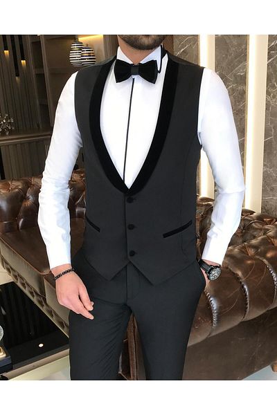 TerziAdemAltun Italian Cut Jacket Vest Pants Groom Suit Set Black T8191