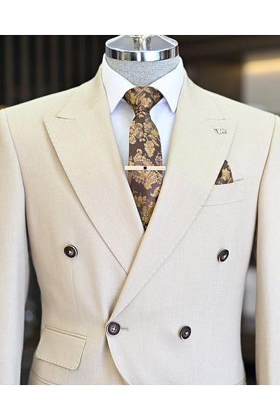 TerziAdemAltun Set jachetă și pantaloni pentru bărbați în stil italian slim fit Camel - T11562