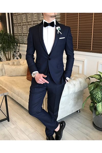 TerziAdemAltun Italian Cut Jacket Vest Trousers Dobby Groom Suit Set Navy Blue T4548