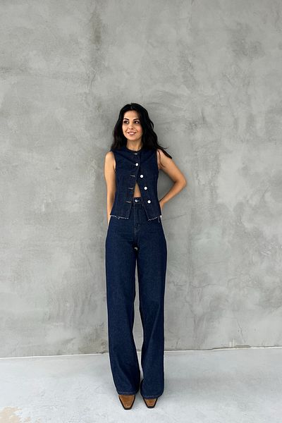 Seda Yalçın Atelier Dark Navy Denim Set - Palazzo Trousers and Vest