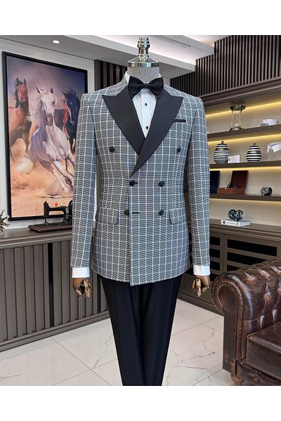 TerziAdemAltun Italian style slim fit plaid double breasted jacket pants groom suit set black T11572