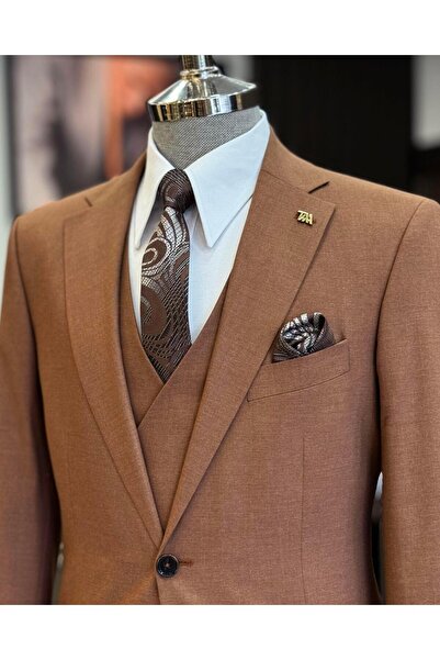 TerziAdemAltun klasik kesim regular fit ceket yelek pantalon takım elbise kiremit  T12247