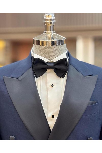 TerziAdemAltun Navy Blue Slim Fit Italian Cut Double Breasted Jacket and Trousers Set - T11840