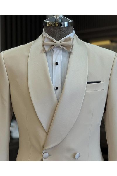 TerziAdemAltun Beige Color Italian Cut Slim Fit Shawl Collar Double Breasted Jacket and Pants Set - T11950