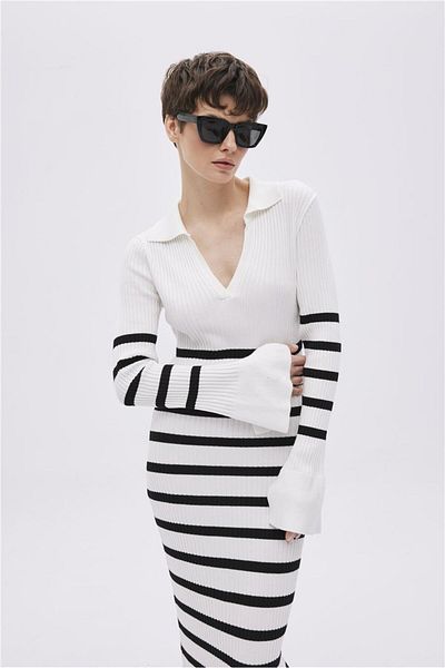 SHERIN White Striped Long Knitwear Dress