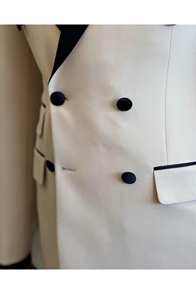 TerziAdemAltun İtalyan kesim slim fit kruvaze ceket pantolon damatlık set bej T11841