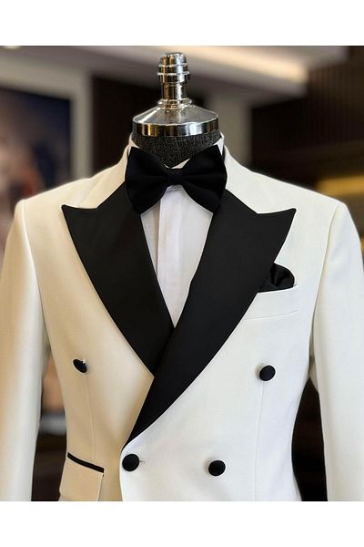 TerziAdemAltun Ecru Slim Fit Italian Cut Double Breasted Jacket and Trousers Set - Groom Suit T12219