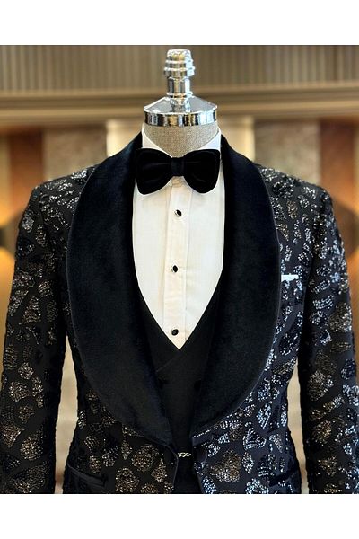 TerziAdemAltun Black Slim Fit Italian Style Shawl Collar Jacket Vest Pants Set - T12571
