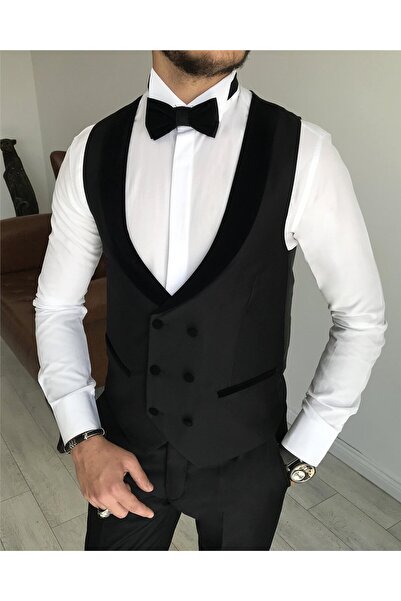 TerziAdemAltun Ιταλικό κομμένο γιλέκο παντελόνι σετ γαμπρού Μαύρο T7845