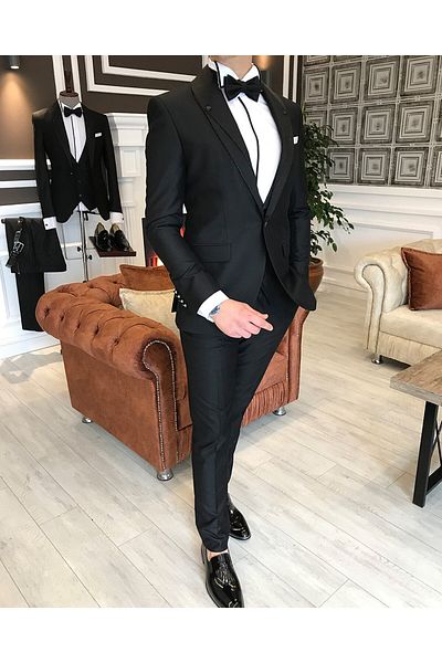 TerziAdemAltun Italian Cut Jacket Vest Trousers Black Groom Suit Set T3747