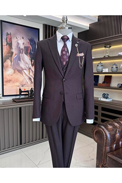 TerziAdemAltun سترة على الطراز الإيطالي سترة بنطلون مطوي بدلة بورجوندي T11305