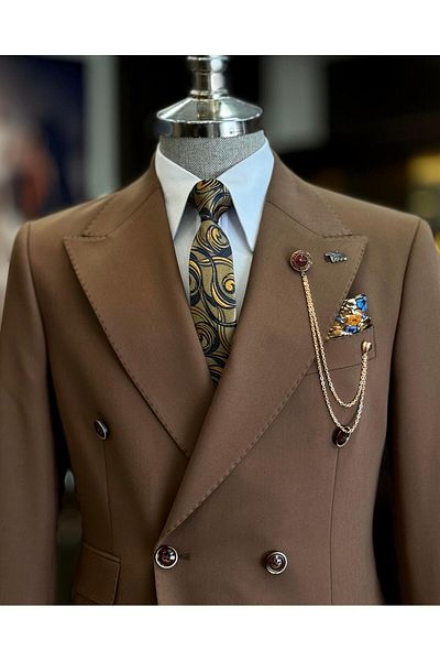 TerziAdemAltun Brown Slim Fit Italian Style Double Breasted Jacket and Pants Set - T12602