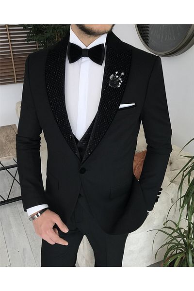 TerziAdemAltun Italian Cut Jacket Vest Pants Groom Suit Set Black T8194