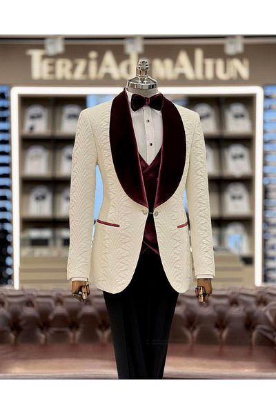 TerziAdemAltun White Italian Cut Groom Suit Jacket Vest and Pants Set - T12076