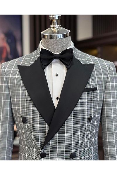 TerziAdemAltun Italian style slim fit plaid double breasted jacket pants groom suit set black T11572