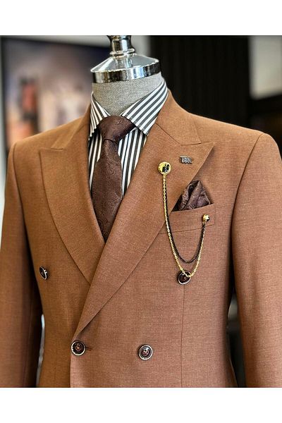TerziAdemAltun Set jachetă și pantaloni pentru bărbați, slim fit, în stil italian, cu două piepturi - maro T12693