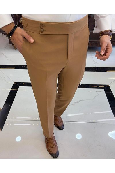 TerziAdemAltun Italian style slim fit waist detailed men's pants camel T10563