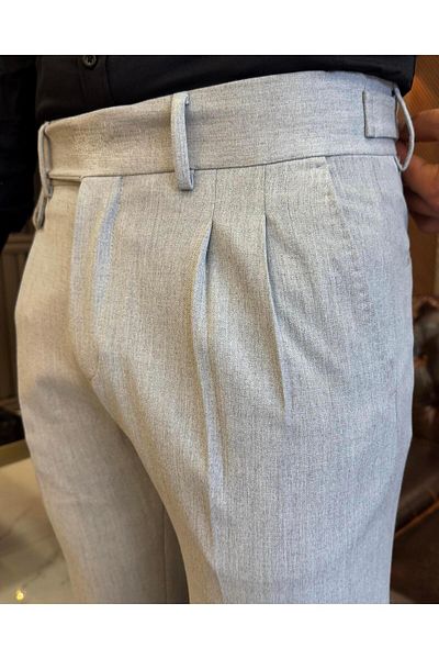 TerziAdemAltun Italian Style Slim Fit Men's Pleated Fabric Trousers Gray T5286
