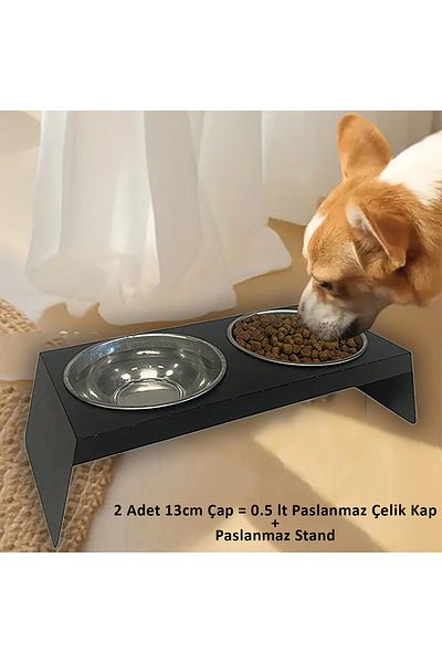 decorelax حامل وعاء طعام وماء مزدوج صغير الحجم من الفولاذ المقاوم للصدأ باللون الأسود - قطة مرتفعة