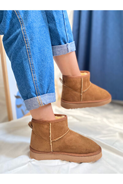 leonetta Kadın Taba Süet İçi Kürklü Kalın Taban Yarım Günlük Bot