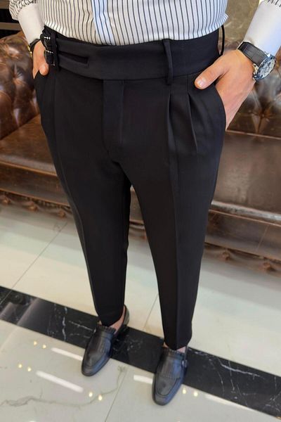 TerziAdemAltun Italian Cut Belted Pleated Black Fabric Trousers T10800
