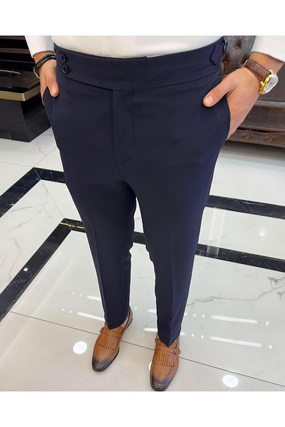 TerziAdemAltun Italian style slim fit waist detailed men's trousers navy blue T10564