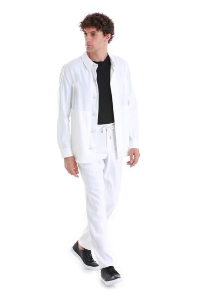 Hatemoğlu Beyaz Regular Fit Düz Mono Yaka Keten Overshirt Spor Takım