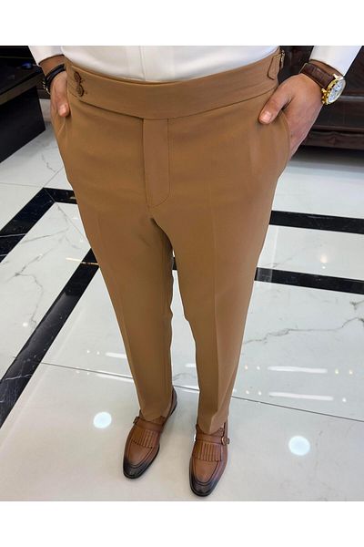 TerziAdemAltun Italian style slim fit waist detailed men's pants camel T10563