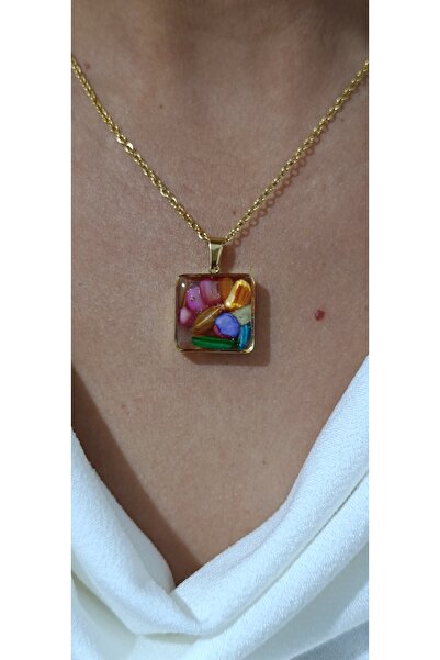 MENTAŞ Kadın Kolye Sarı Zincir  Renkli Gül Modelli Plastik Taşlı 45CM Bijuter...