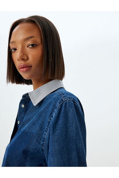 Koton Long Sleeve Pocket Detailed Crop Jeans Shirt - Classic Collar